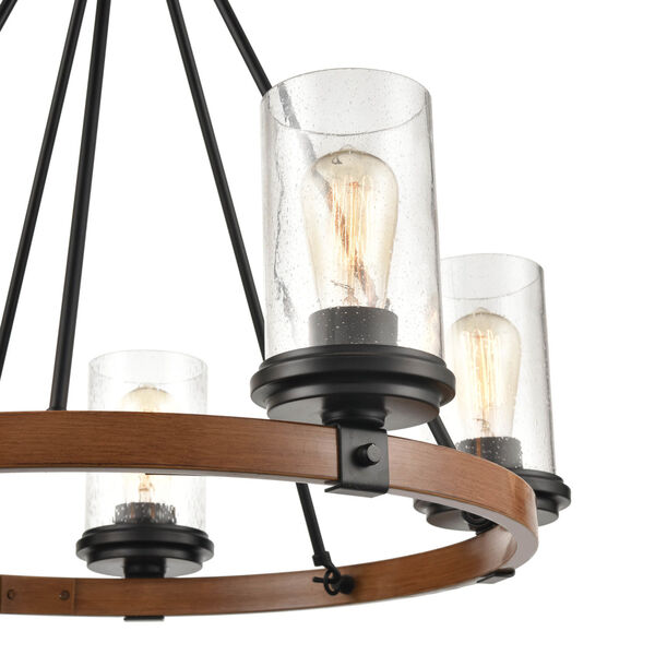 Matte Black And Wood Grain Five-Light Chandelier With Seedy Glass, image 3