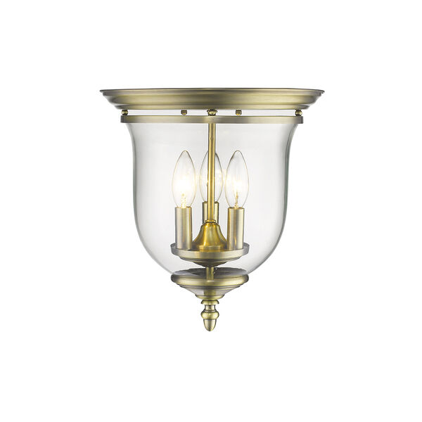 Legacy Antique Brass Hand Blown Clear Glass Three Light Ceiling Mount, image 1