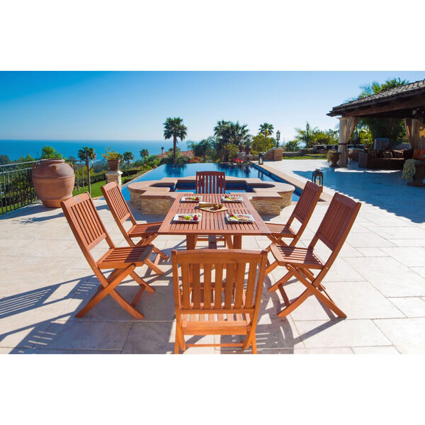 Malibu Outdoor 7-piece Wood Patio Dining Set with Curvy Leg Table and Folding Chairs, image 2