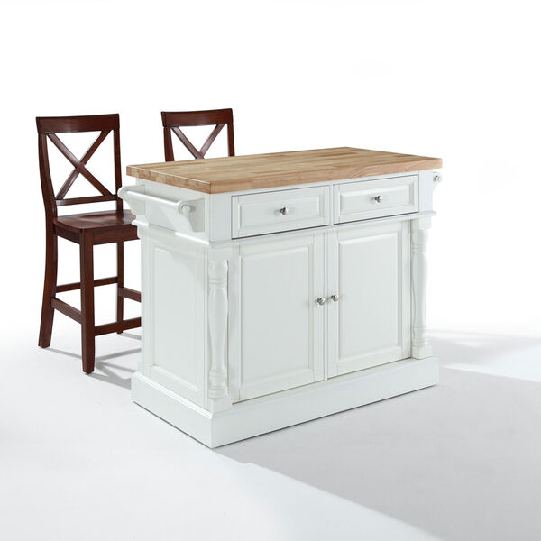 Butcher Block Top Kitchen Island in White Finish with 24-Inch Black X-Back Stools, image 1