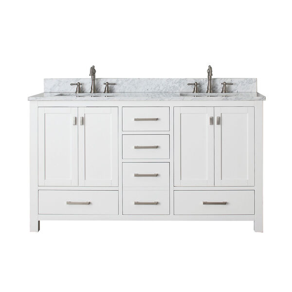 Modero 60-Inch White Double Vanity with Carrera White Marble Top and Double Sinks, image 1