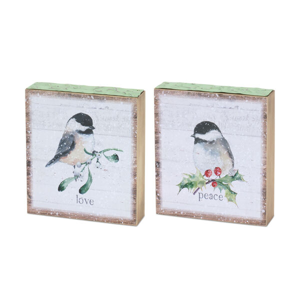 White Chickadee Block Sign Holiday Wall Decor, Set of Four, image 1