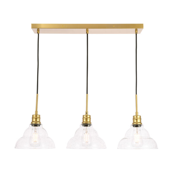 Clive Brass Three-Light Pendant with Clear Seeded Glass, image 1