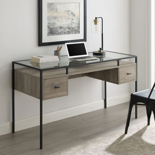 Fulton Gray and Black Two Drawer Desk with Glass Top, image 6