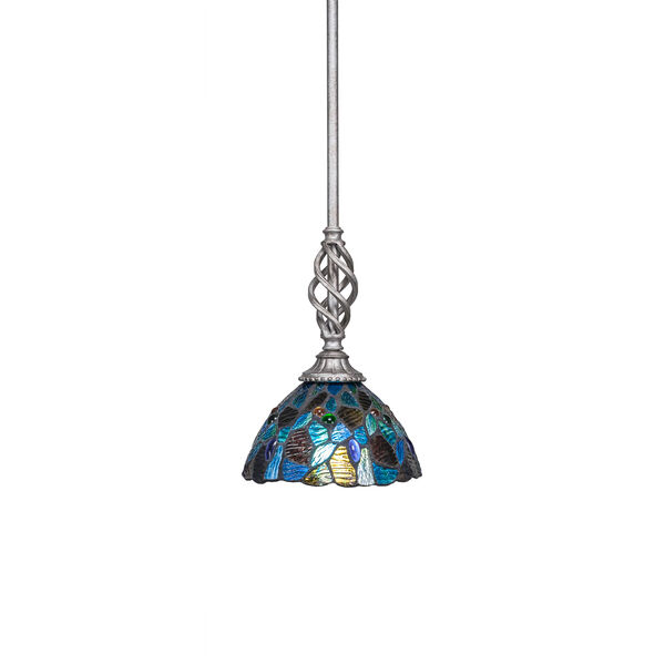 Elegante Aged Silver One-Light Mini Pendant with Blue Mosaic Mini Tiffany Glass, image 1