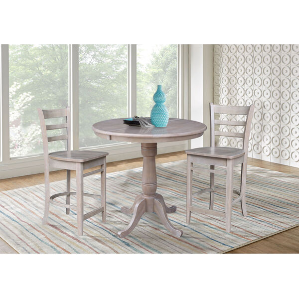 Washed Gray Taupe 36-Inch Round Extension Dining Table with Two Counter Stool, Three Piece, image 1