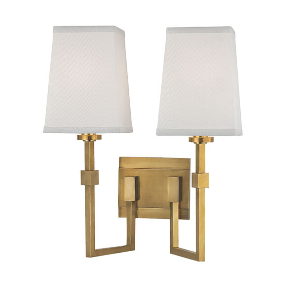 Fletcher Aged Brass Two-Light Wall Sconce with White Faux Silk Shade, image 1