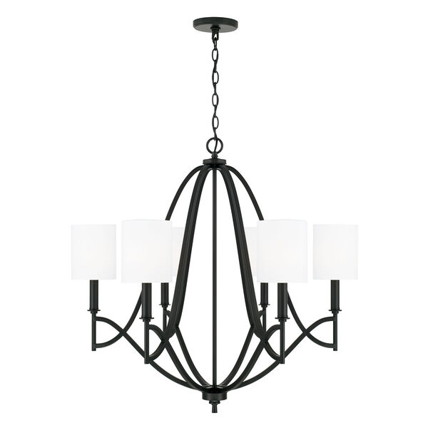 Sylvia Matte Black Six-Light Chandelier with White Fabric Stay Straight Shades, image 1