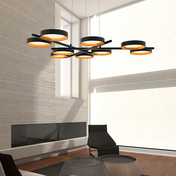Light Guide Ring Satin Black Three-Light LED Pendant with Apricot Interior Shade, image 3