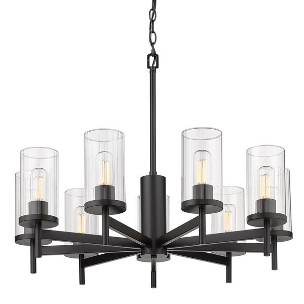 Winslett Matte Black 30-Inch Nine-Light Chandelier with Ribbed Clear Glass Shade, image 3