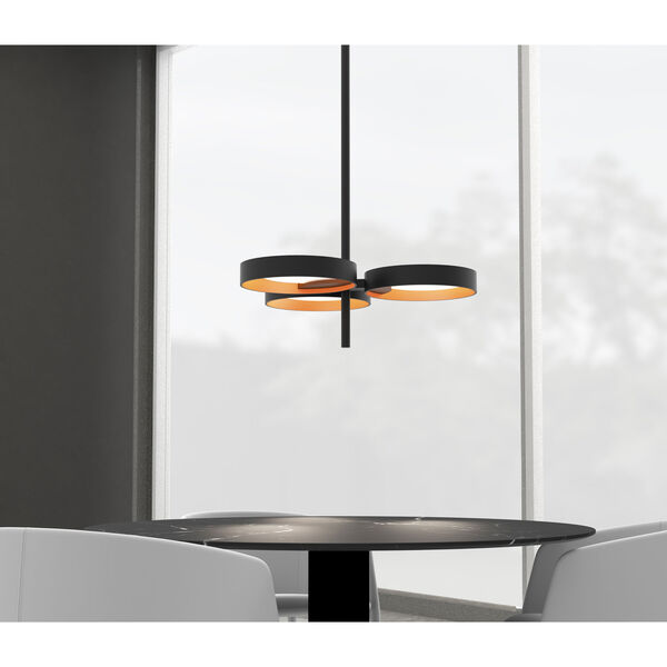 Light Guide Ring Satin Black Three-Light LED Pendant with Apricot Interior Shade, image 2
