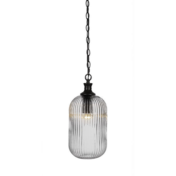 Carina Matte Black One-Light 17-Inch Chain Hung Mini Pendant with Clear Ribbed Glass, image 1