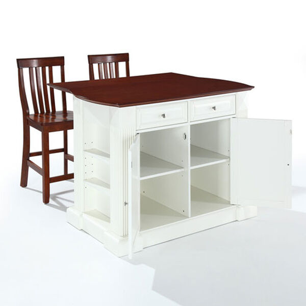 Drop Leaf Breakfast Bar Top Kitchen Island in White Finish with 24-Inch Cherry School House Stools, image 3