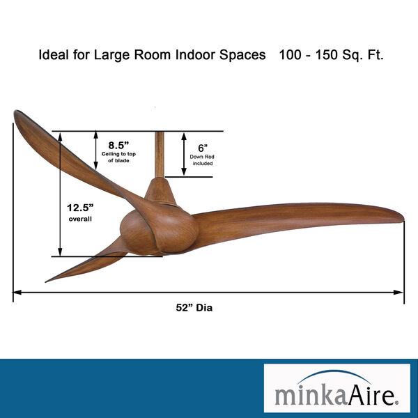 Wave 52-Inch Ceiling Fan with Three Blades in Distressed Koa Finish, image 9