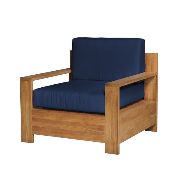 Qube Natural Teak Outdoor Club Chair with Sunbrella Navy Blue Cushion, image 1