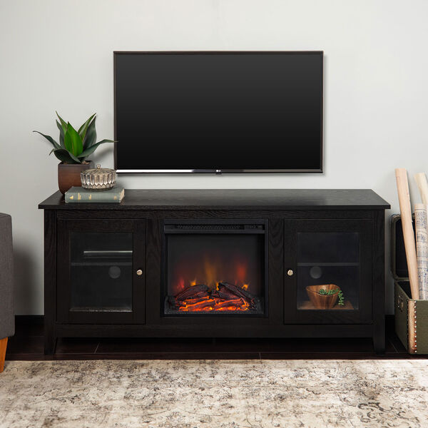 58-inch Black Wood Fireplace TV Stand with Doors, image 1