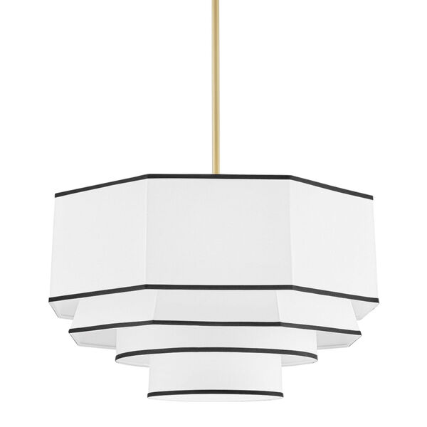 Riverdale Aged Brass Four-Light Pendant with White Belgian Linen Shade, image 1