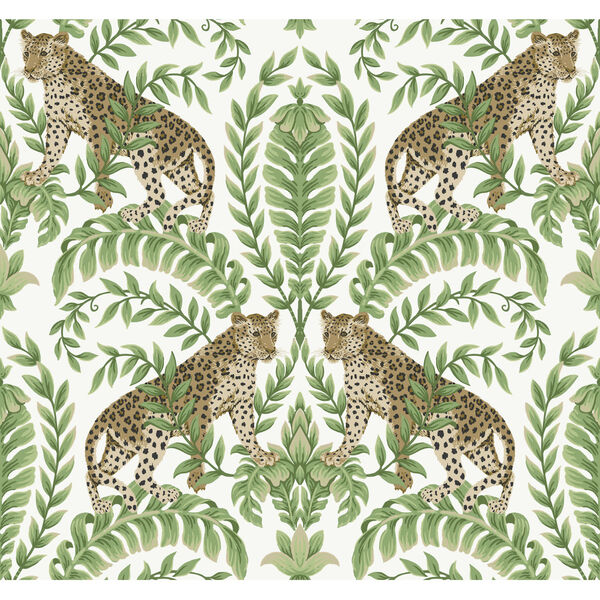 Ronald Redding 24 Karat White and Green Jungle Leopard Wallpaper, image 2