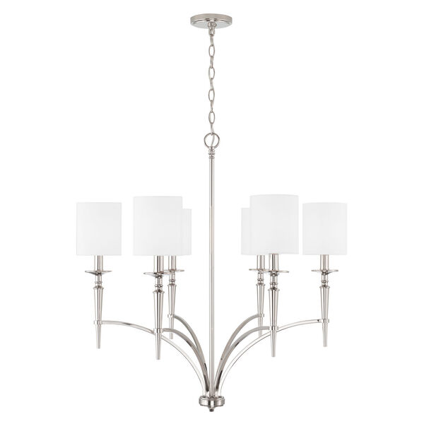 Abbie Polished Nickel and White Six-Light Chandelier with White Fabric Stay Straight Shades, image 1