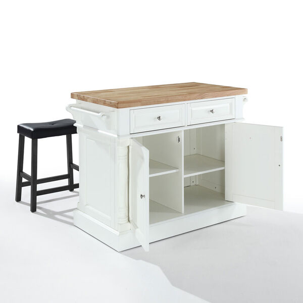 Butcher Block Top Kitchen Island in White Finish with 24-Inch Black Upholstered Saddle Stools, image 2