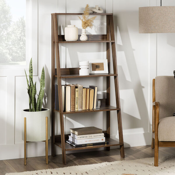 Walnut Wooden Ladder Bookcase with Four Shelves, image 1