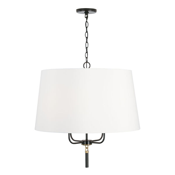 Beckham Glossy Black and Aged Brass Four-Light Drum Pendant with White Fabric Shade, image 1