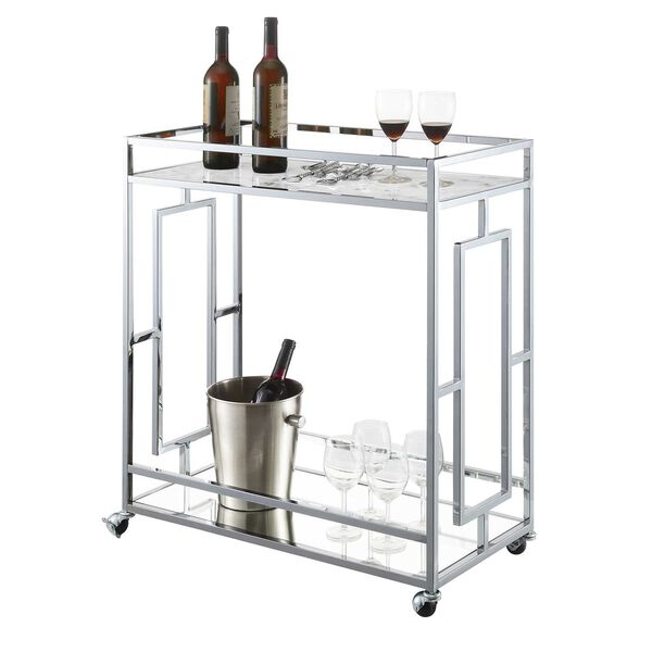 Town Square White Marble Mirror Chrome Marble Mirrored Bar Cart with Shelf, image 3