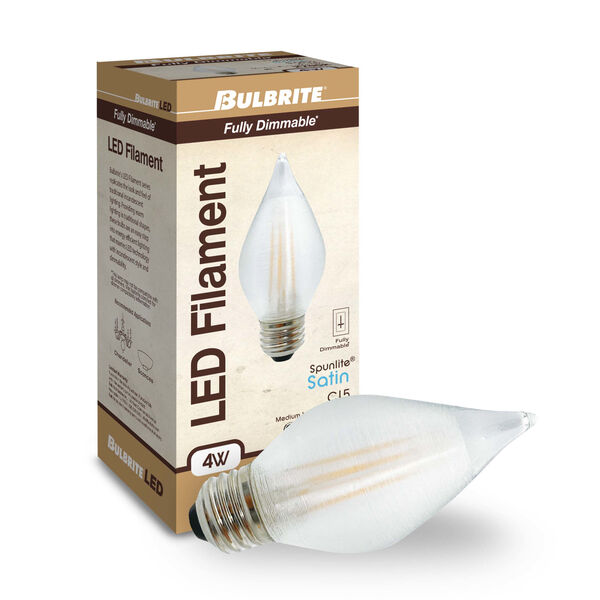 Pack of 4 Satin C15 LED Candelabra E26 Dimmable 4W 2700K Spunlite Filament Light Bulb, image 3