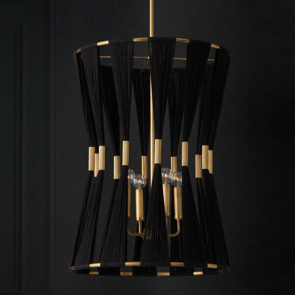 Bianca Black Rope and Patinaed Brass Four-Light Pinch Pleat Gathered Tapered String Foyer, image 5