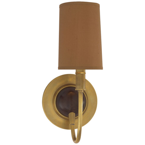 Elkins Sconce in Hand-Rubbed Antique Brass and Chocolate Wood Finish with Fawn Silk Shade by Thomas O'Brien, image 1