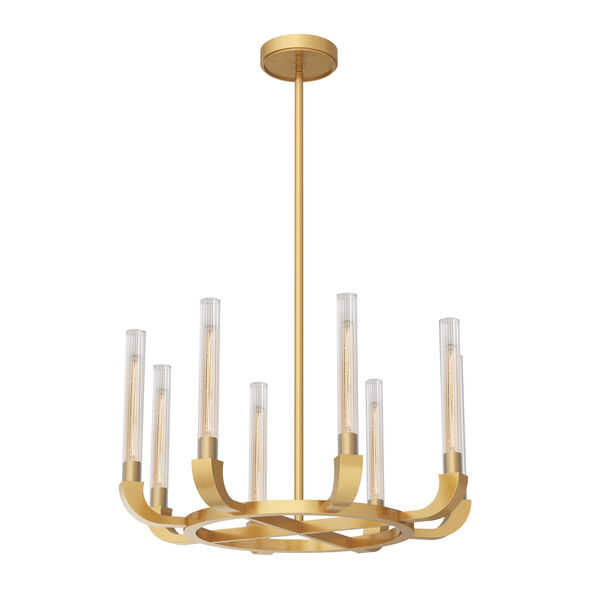 Flute Vintage Brass Eight-Light Chandelier with Ribbed Glass, image 1