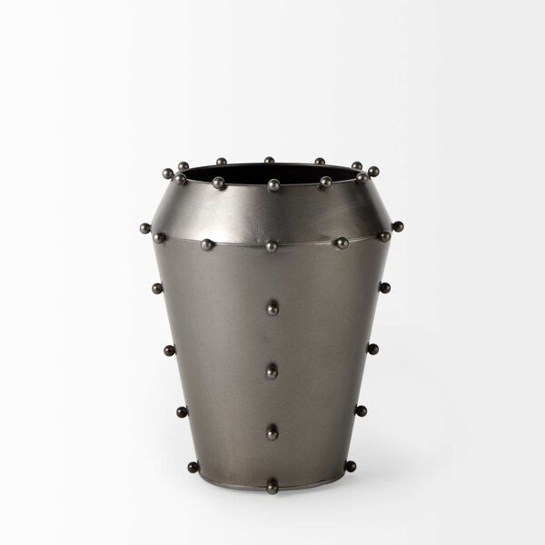 Elio Gunmetal Gray Metal Vase with Studs, image 2