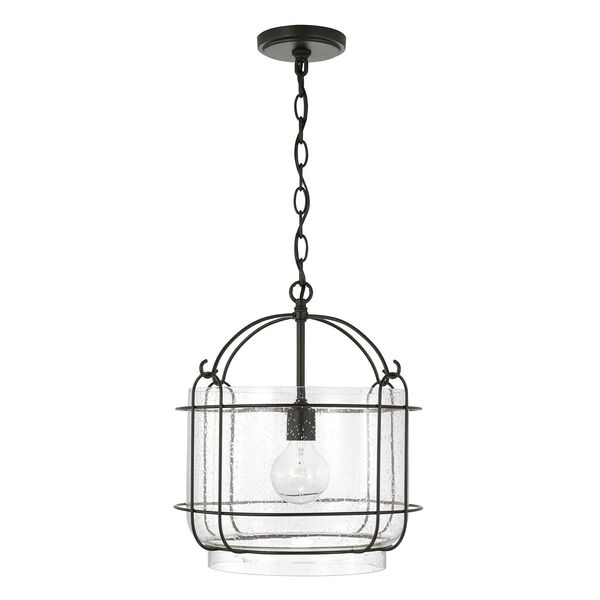 Harmon Matte Black One-Light Pendant with Wide Clear Seeded Glass and Outer Cage, image 1
