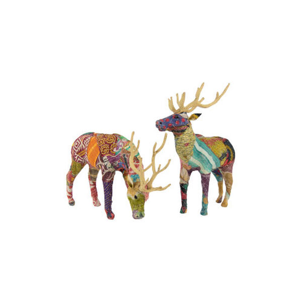 Multicolor Kantha Covered Table Top Reindeer, Set of 2, image 1