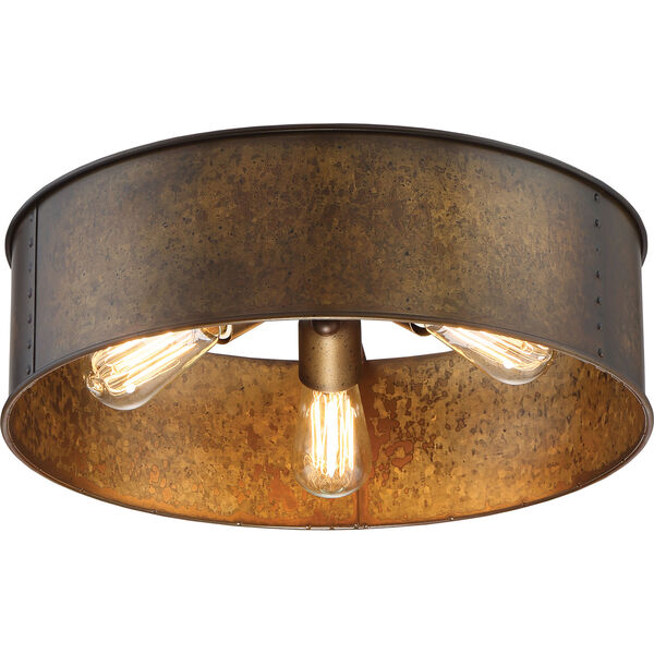 River Station Weathered Brass Three-Light Industrial Drum Flush Mount, image 1