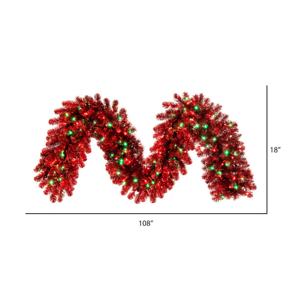 Red 9 Ft. x 18 In. Artificial Deluxe Tinsel Christmas Garland with Red and Green Wide Angle Mini Lights, image 5
