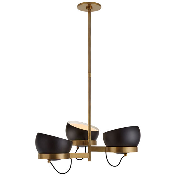 Lightwell Medium Triple Chandelier in Soft Brass with Black Shades by Barbara Barry, image 1