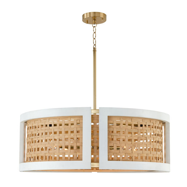 Lola Flat White and Matte Brass Six-Light Chandelier Made with Handcrafted Mango Wood and Rattan, image 3