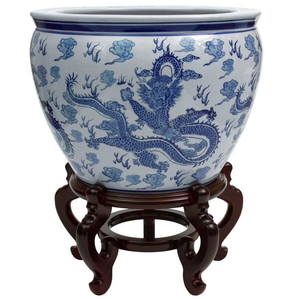 Dragon Blue and White 18-Inch Porcelain Fishbowl Planter, image 1