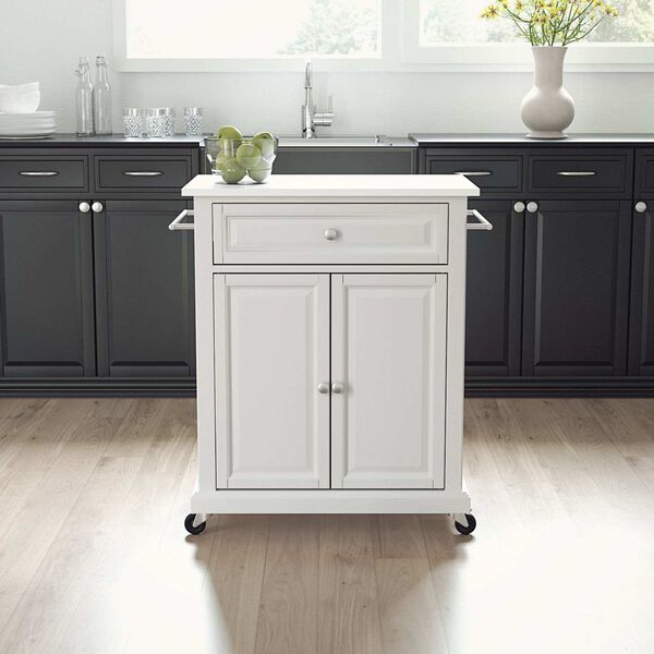 Compact White White Stone Top Kitchen Cart, image 1