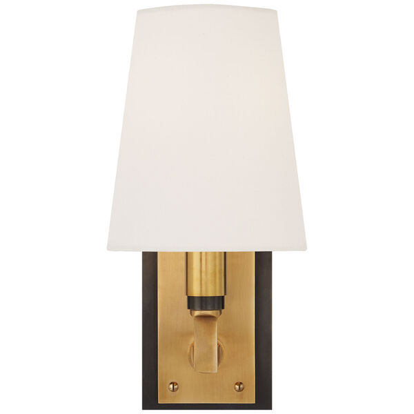 Watson Small Sconce in Bronze and Hand-Rubbed Antique Brass with Linen Shade by Thomas O'Brien, image 1
