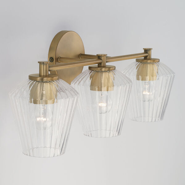 Beau Aged Brass Three-Light Bath Vanity with Clear Fluted Glass Shades, image 4