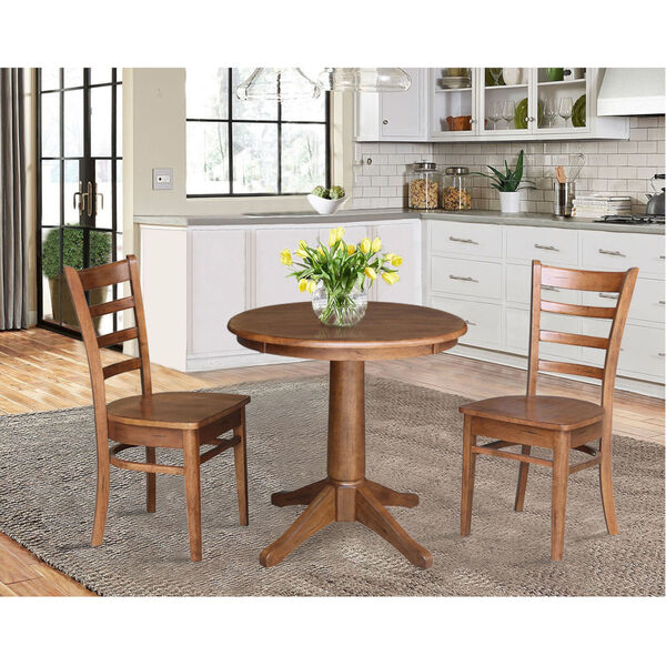 Emily Distressed Oak 30-Inch Round Top Pedestal Table with Two Chair, Set of Three, image 1