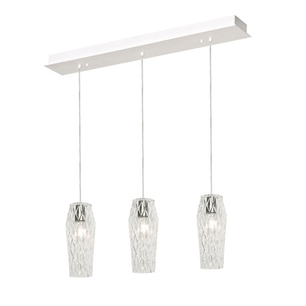 Candace Satin Nickel Three-Light Linear Pendant with Faceted Clear Glass Shade, image 1