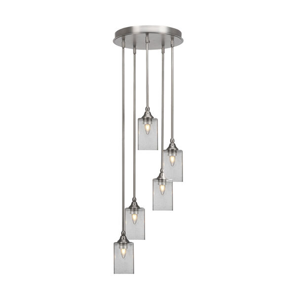 Empire Brushed Nickel Five-Light Pendant with Square Clear Bubble Glass, image 1