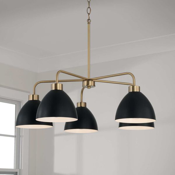 Ross Aged Brass and Black Five-Light Chandelier, image 2