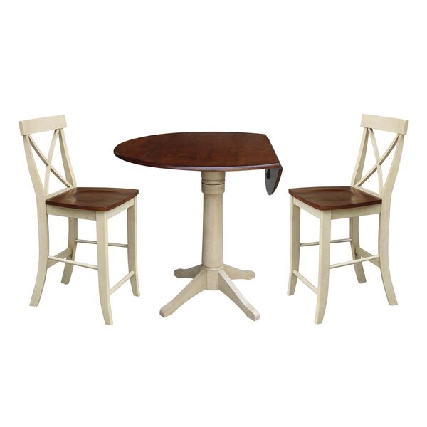 Antiqued Almond and Espresso 36-Inch High Round Pedestal Counter Height Dining Table with Stools, 3-Piece, image 1