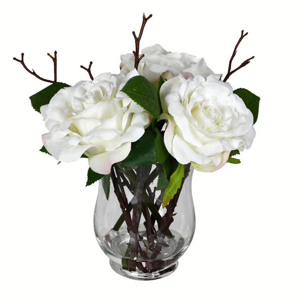 Green and White Rose in Glass Vase, image 1