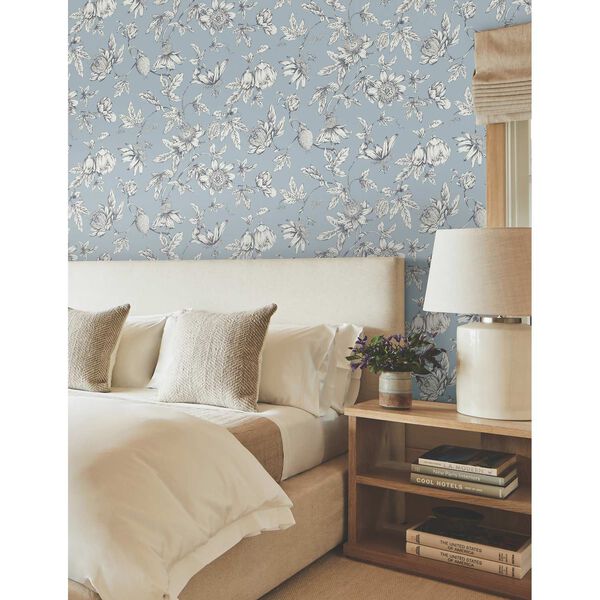 Passion Flower Toile Sky Blue Wallpaper, image 3