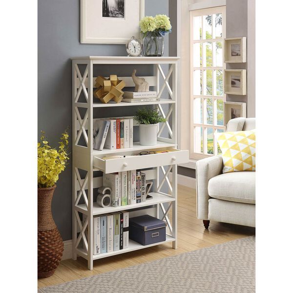 Oxford 5-Tier Bookcase with Drawer, White, image 1
